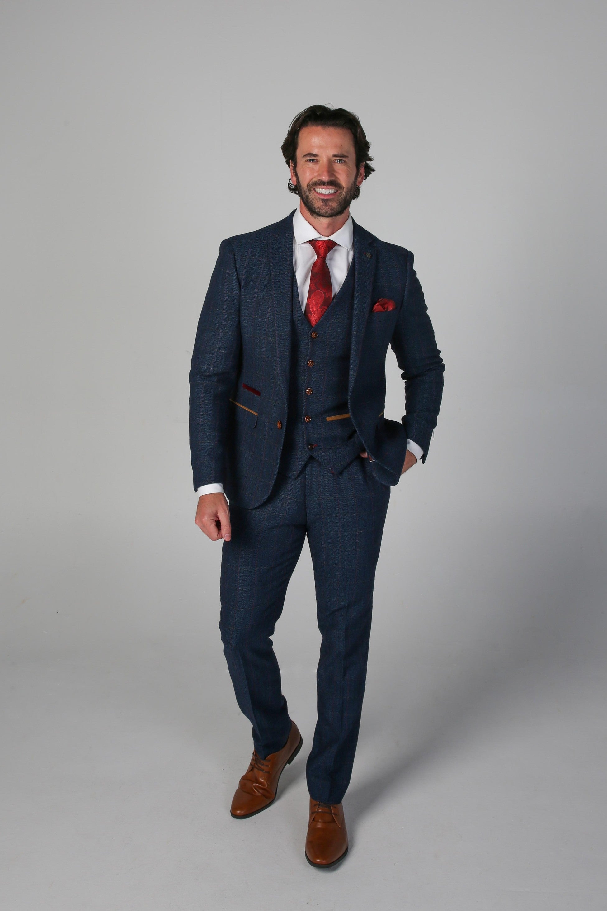 Men's Tweed Herringbone Tailored Fit Suit - SCOTT - Navy Blue