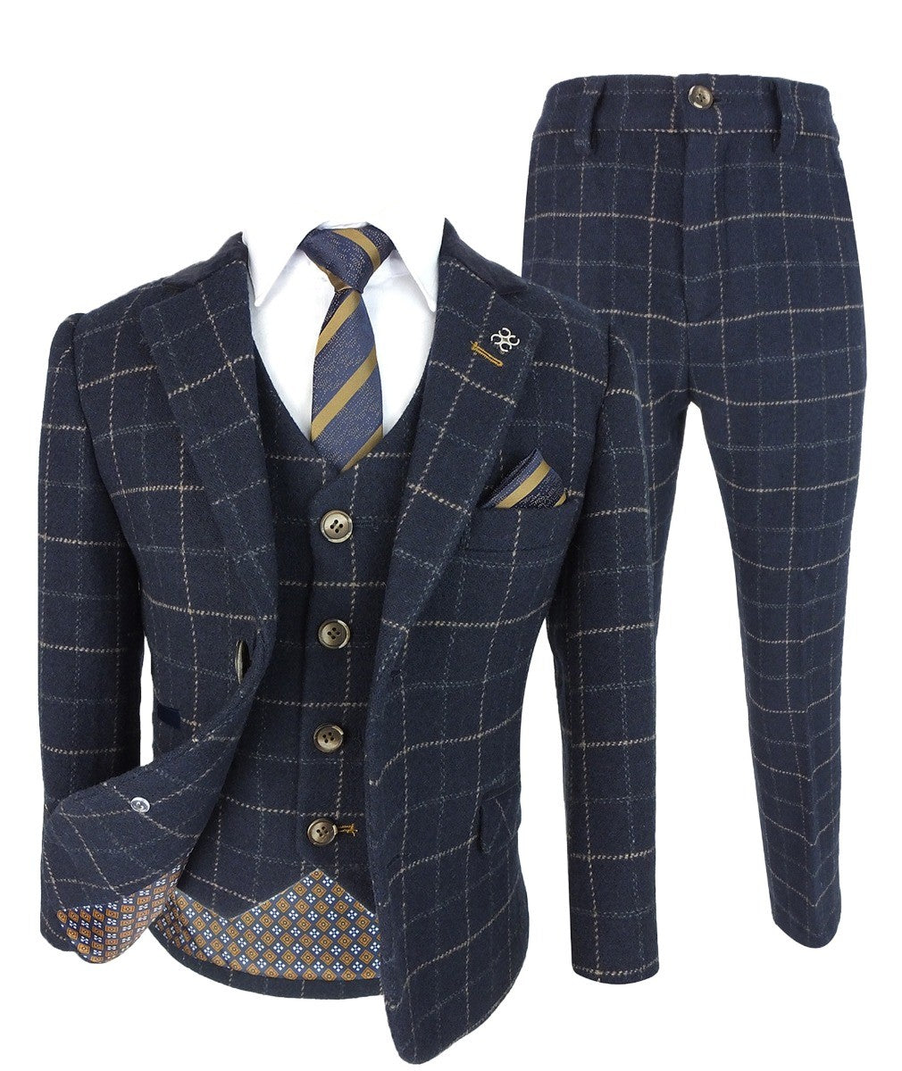 Boys Tweed Windowpane Check Slim Fit Suit - SHELBY - Navy Blue