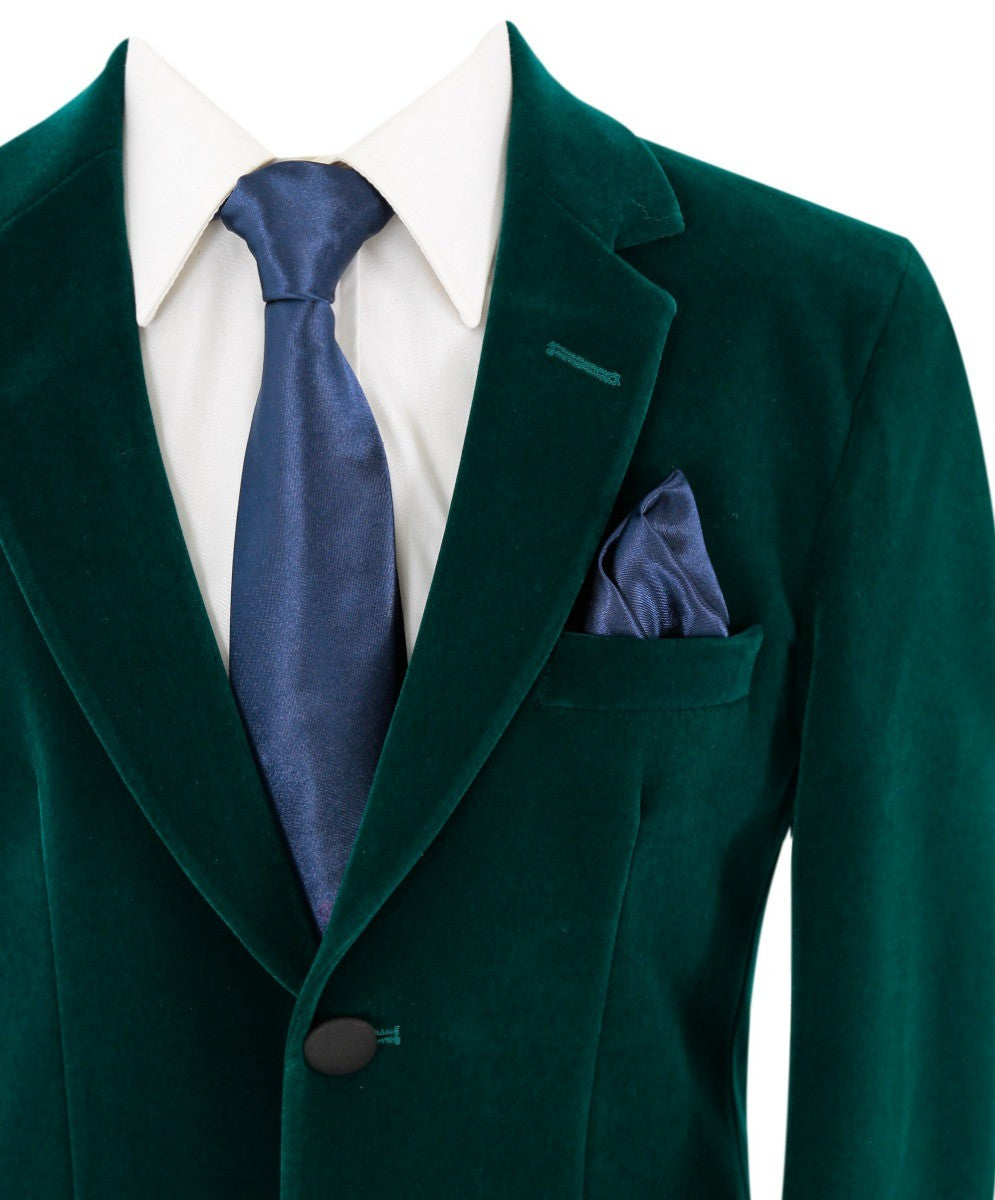 Boys Velvet Slim Fit Formal Blazer - Hackney - Dark Green