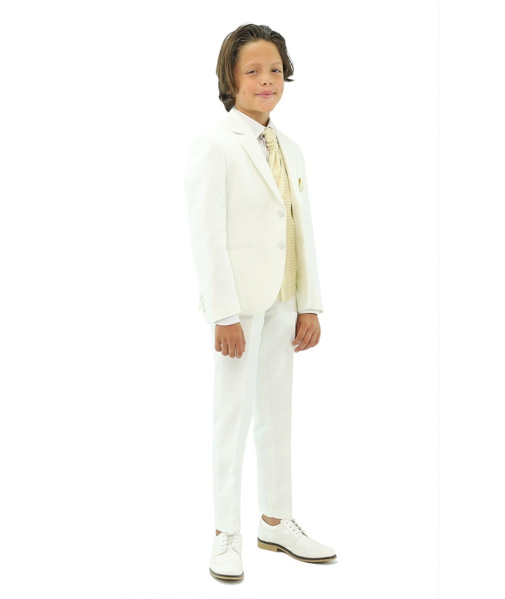 Boys White Suit with Gold Waistcoat and Cravate Set - White and choice of waistcoat