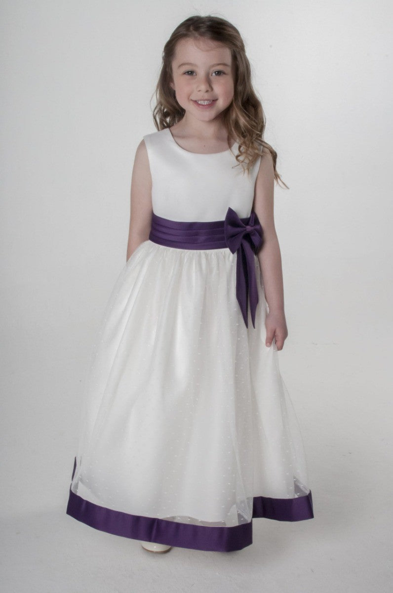 Girls Sleeveless Tulle Communion Dress - White - Purple