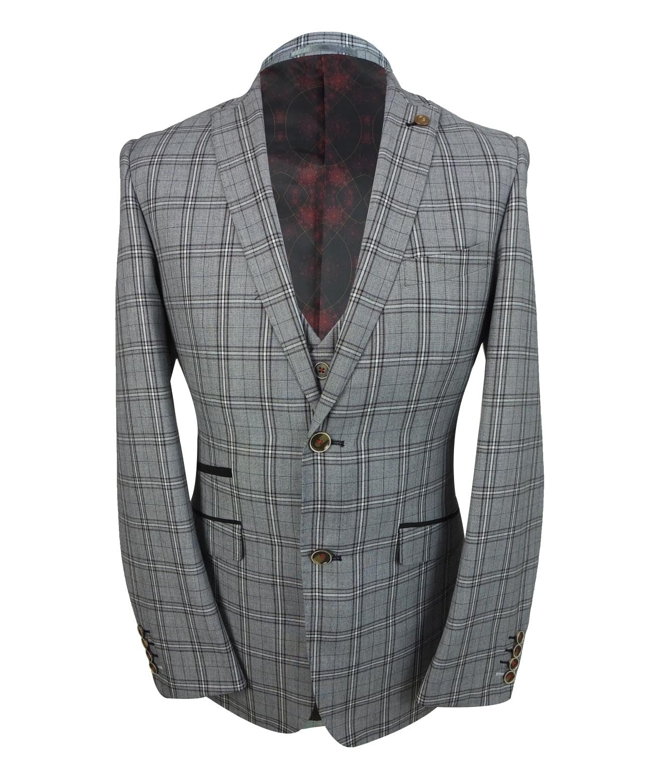 Men's Slim Fit Check 3PC Suit - MARCELLO - Grey