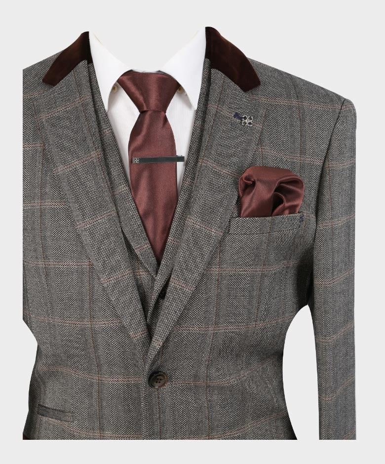 Men's Tweed Check Retro Suit Jacket - Connall Brown - Brown