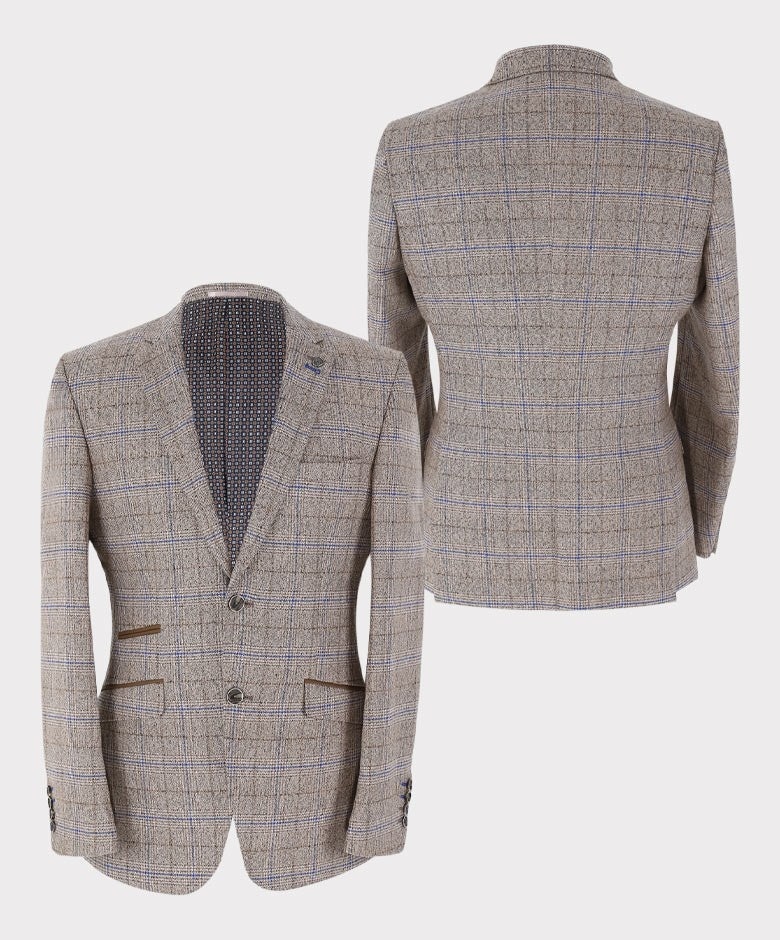 Men'sTailored Fit Tweed Check Suit Jacket - DAVID Taube - Beige