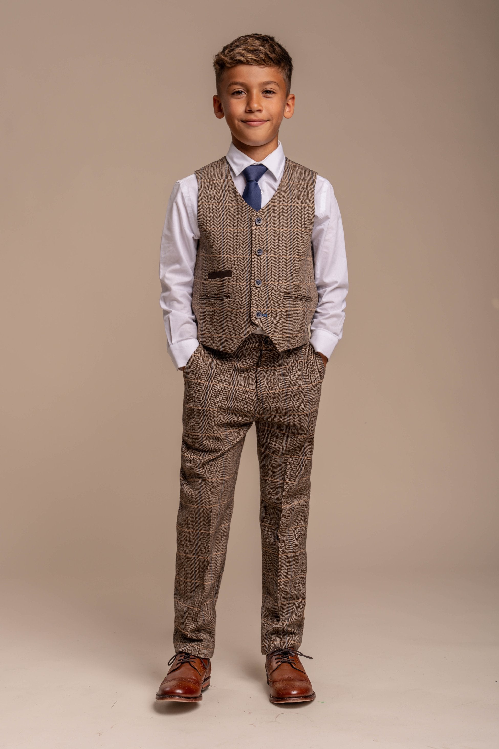 Boys Wool Blend Herringbone Check Suit - ALBERT - Brown