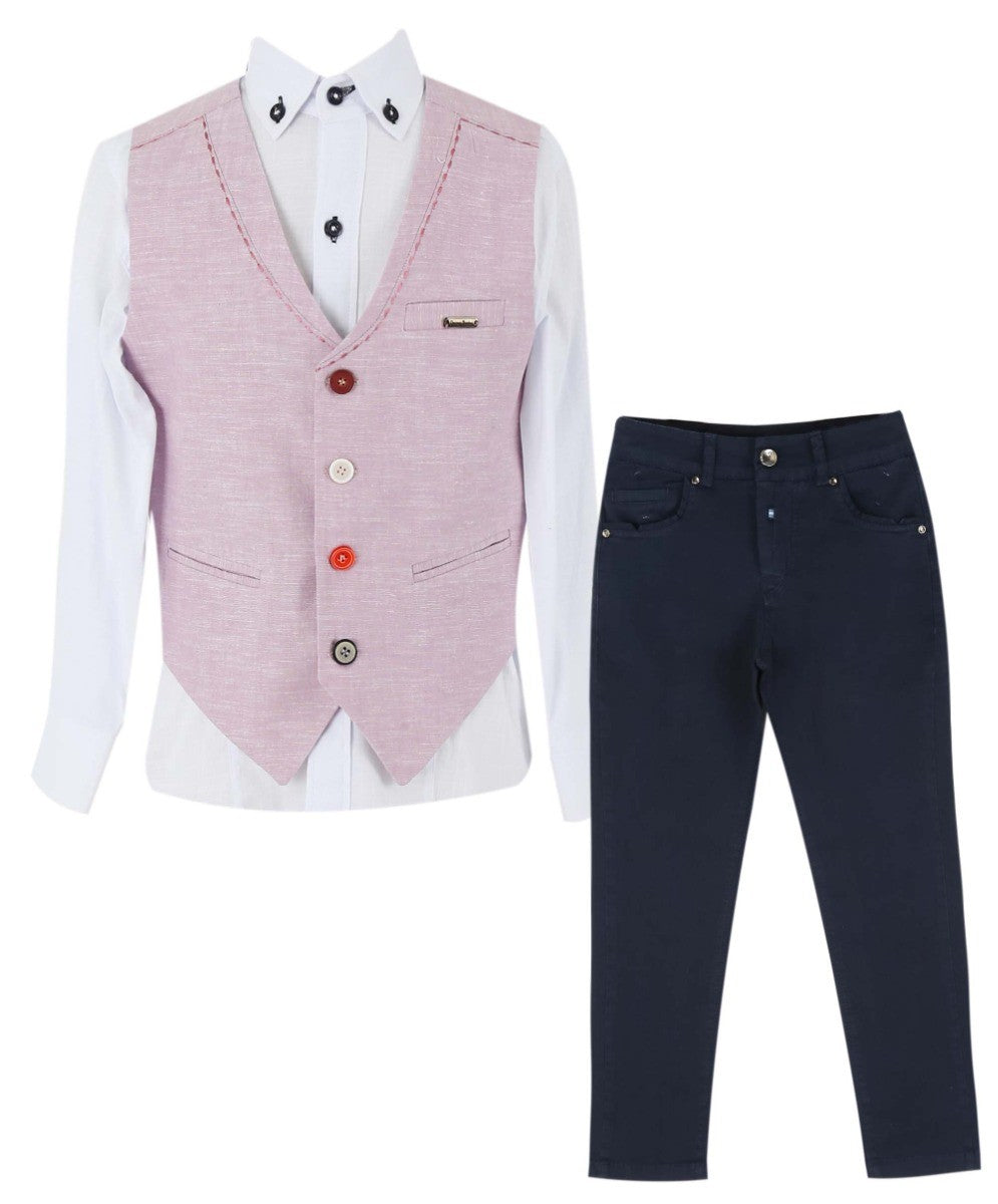 Boys Linen Single Breasted Waistcoat Suit Set - Lilac