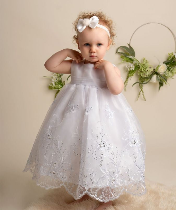 Baby Girls Sequin & lace Christening White Dress Set - 396 - White