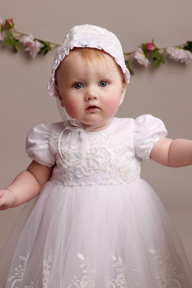 Baby Girls Heirloom Lace Christening Gown & Bonnet - ALEXA - Off white