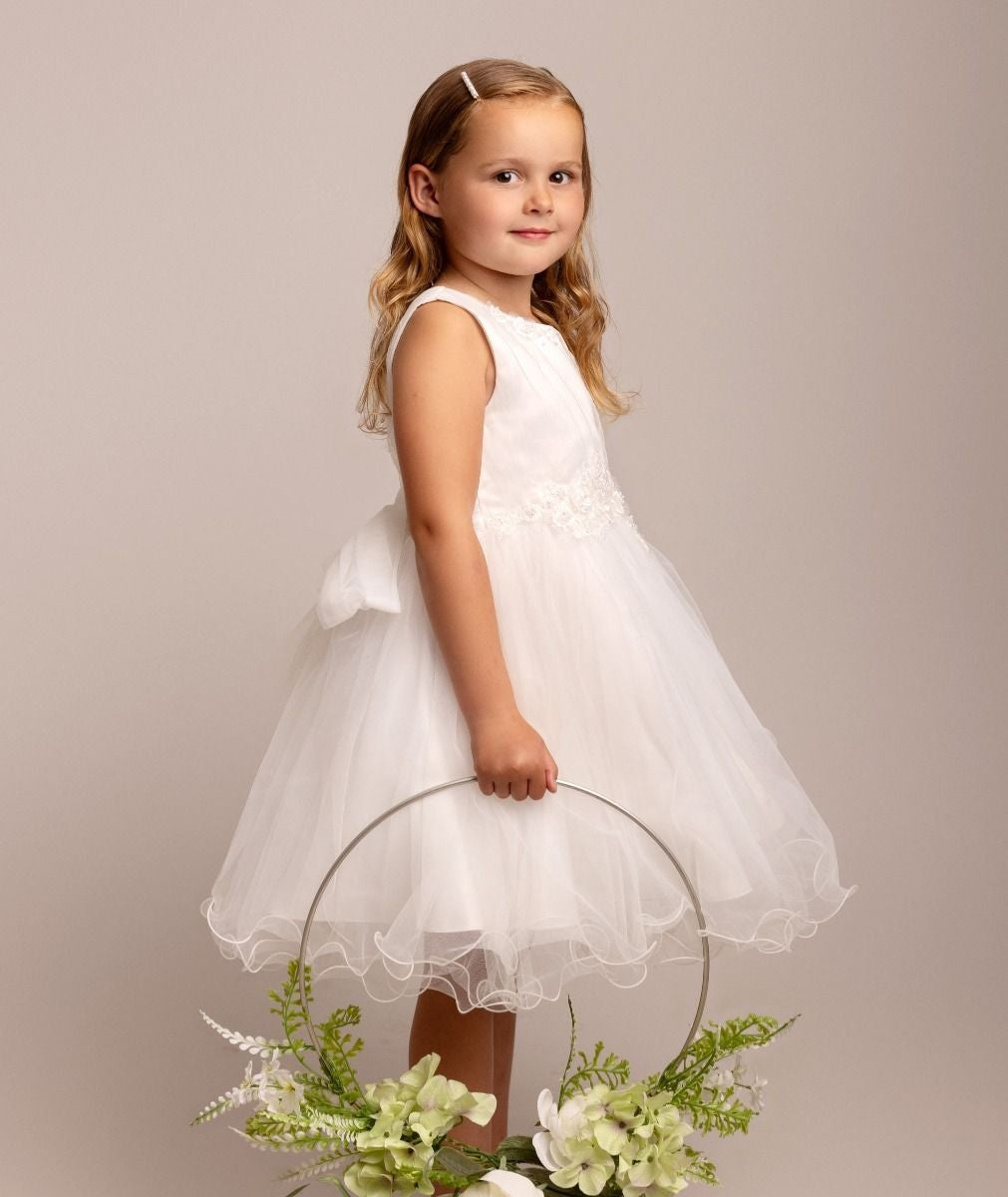 Girls Ivory Floral Appliques Tulle Dress - Monica - Ivory