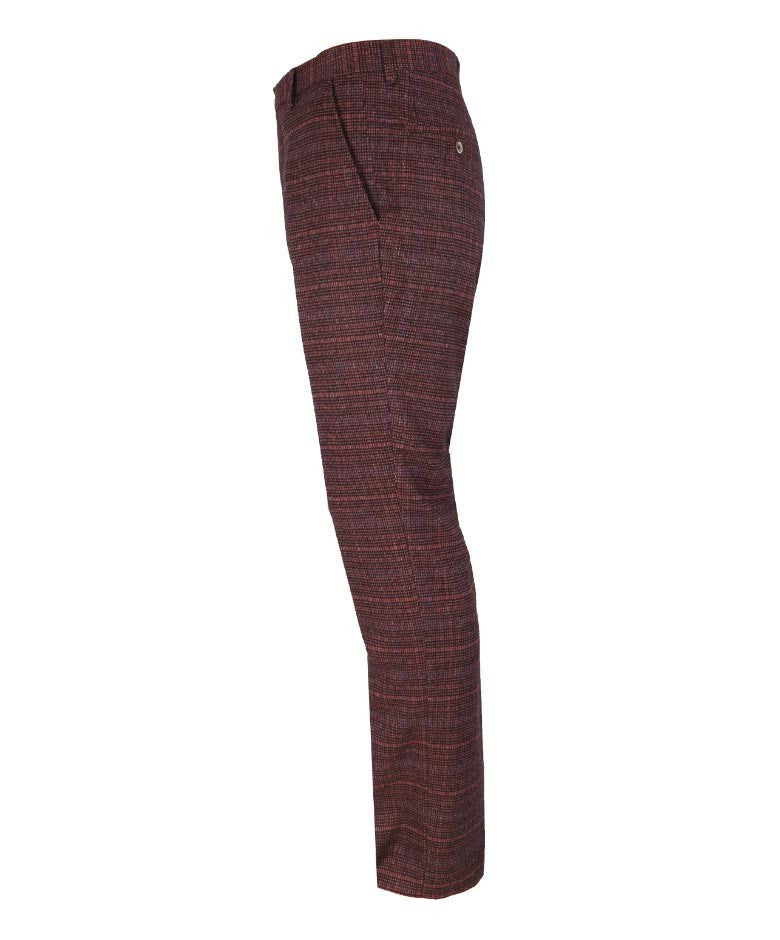 Men's Slim Fit Check Tweed Trousers - CARLY Wine - Wine