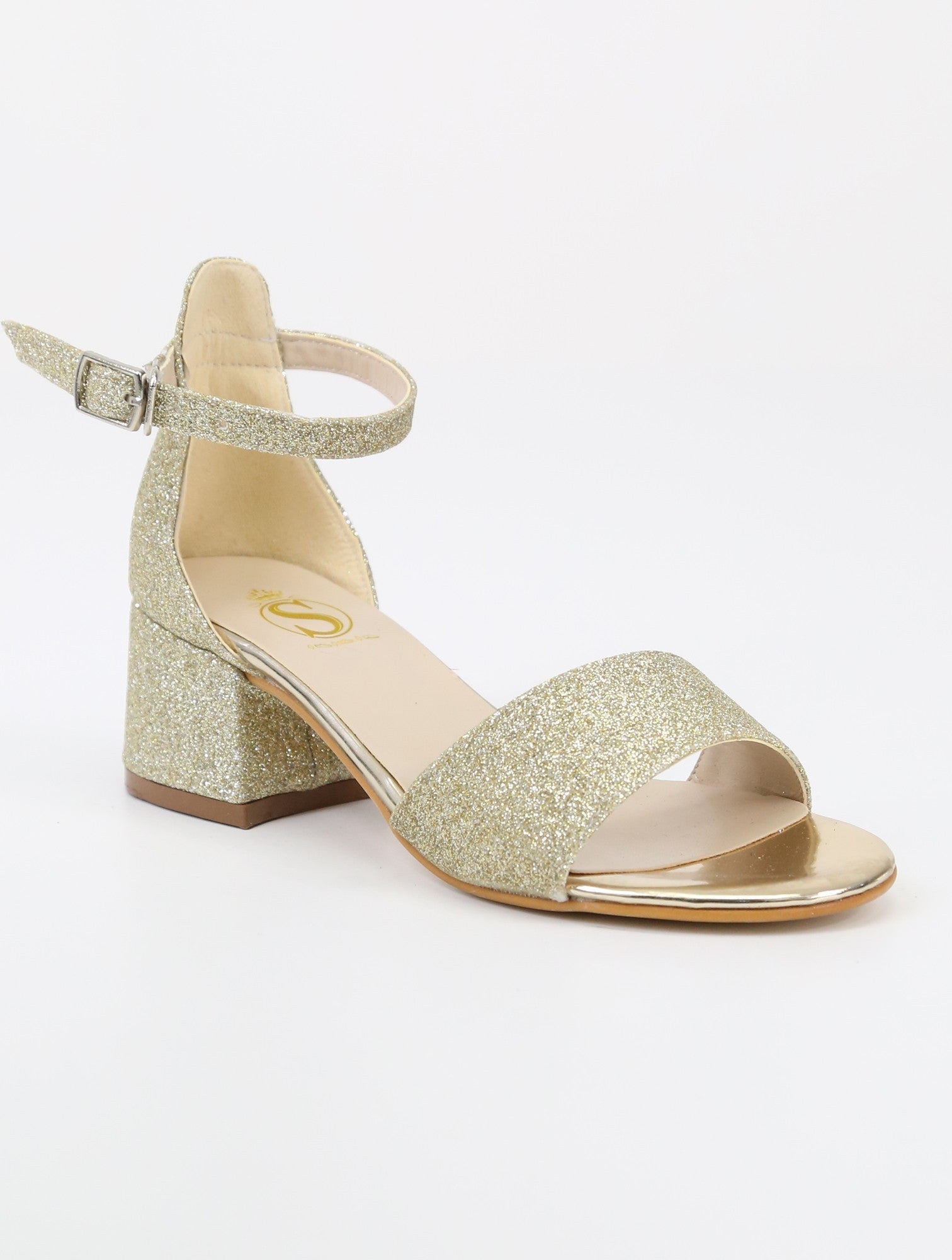 Girls Ankle-Strap Block Heel Sandals - SPARKLE - Gold