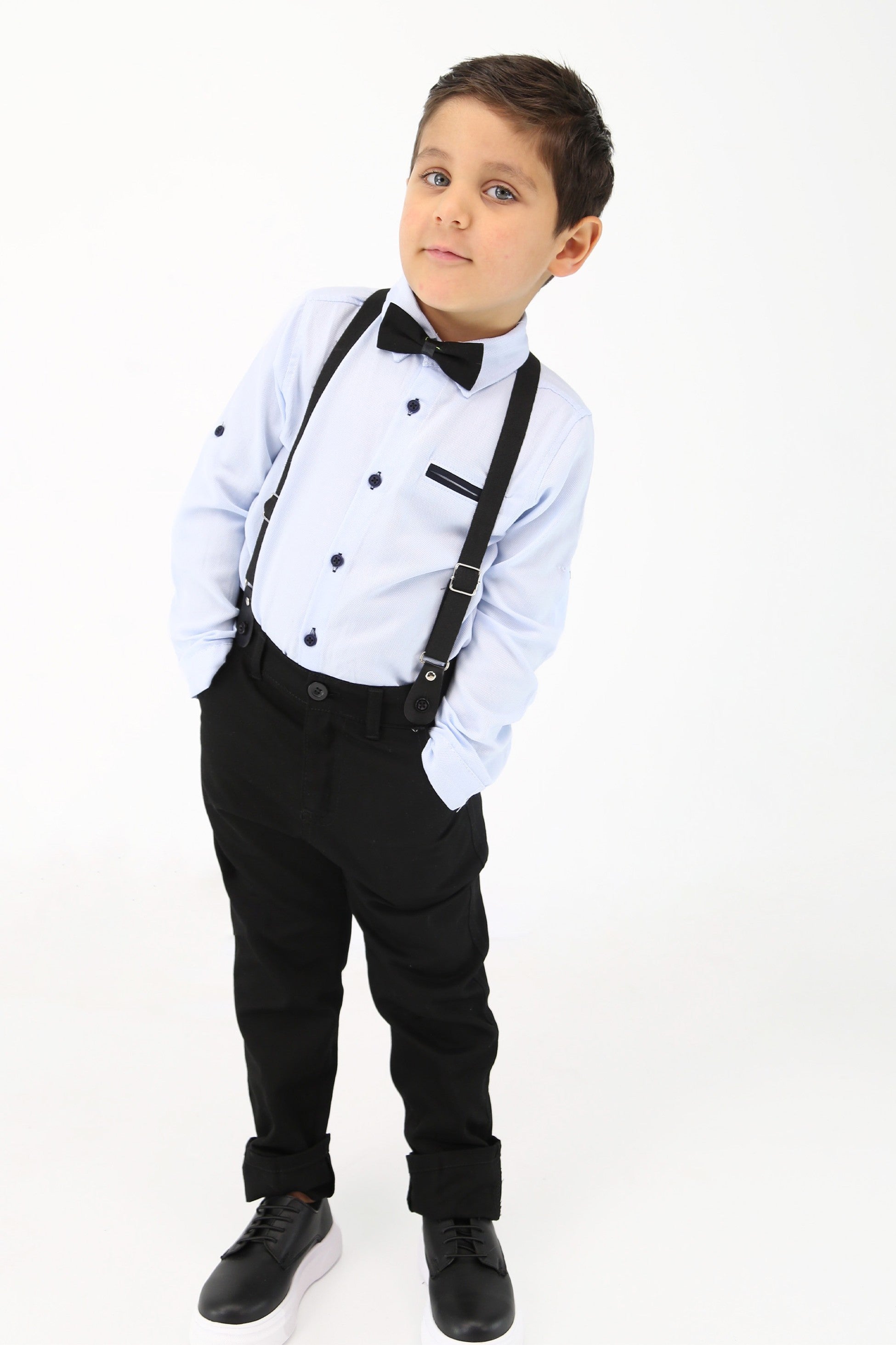 Baby & Boy Gentleman Outfit - 4 Piece Suspenders Pant Suit Set - OXFORD - Light Blue - Navy Blue