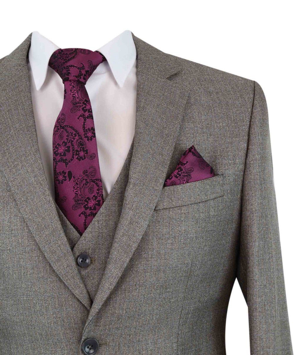 Men's Textured Tailored Fit Suit - ADRIAN - Dark Beige