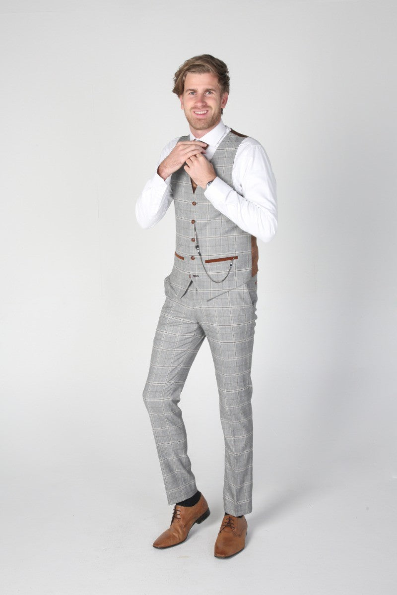 Men's Windowpane Check Grey Trousers - FRANCIS - Grey