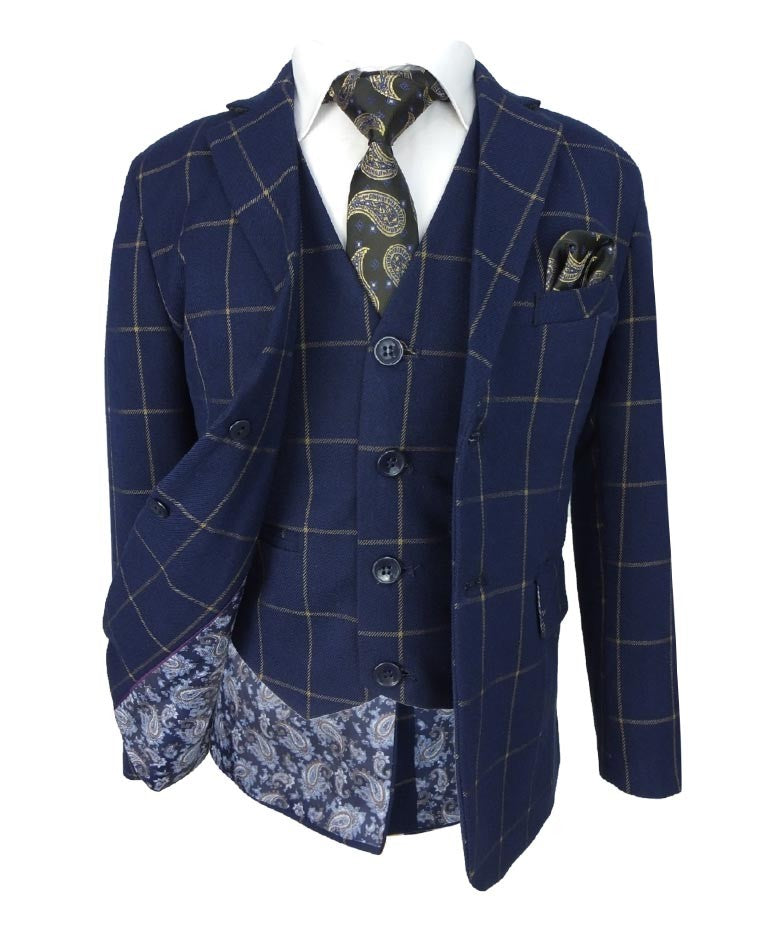 Boys Windowpane Check Suit Set - Navy Blue - Gold