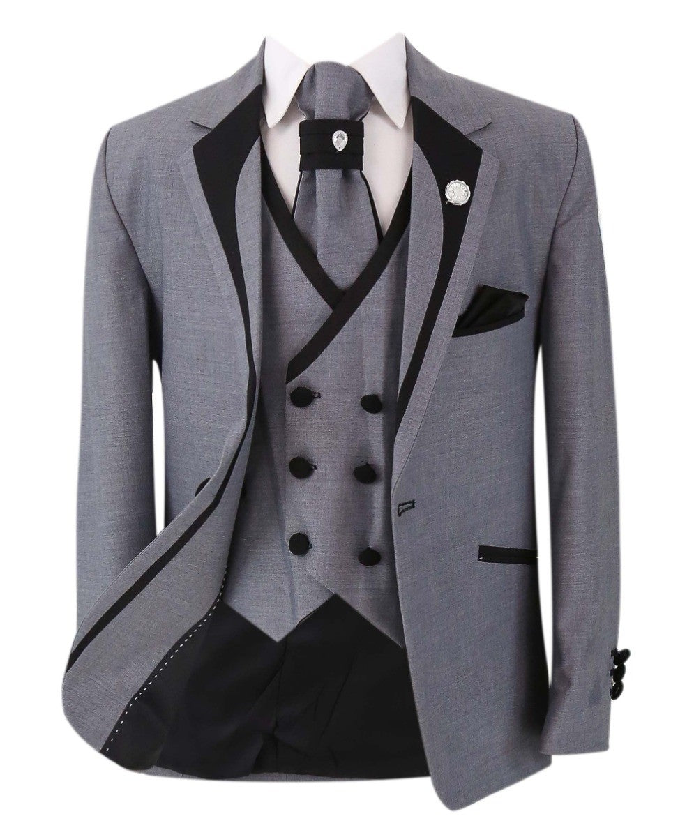 Boys Slim Fit Piping Grey Tuxedo Suit - Grey