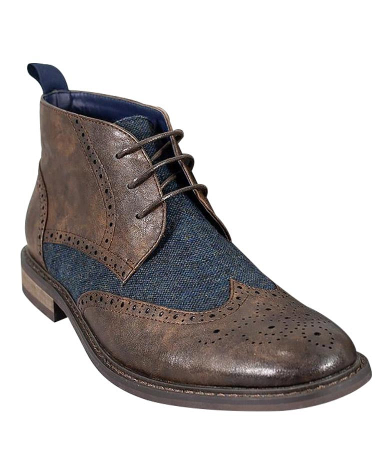 Men's Tweed Brogue Ankle Boots - CURTIS - Dark Brown