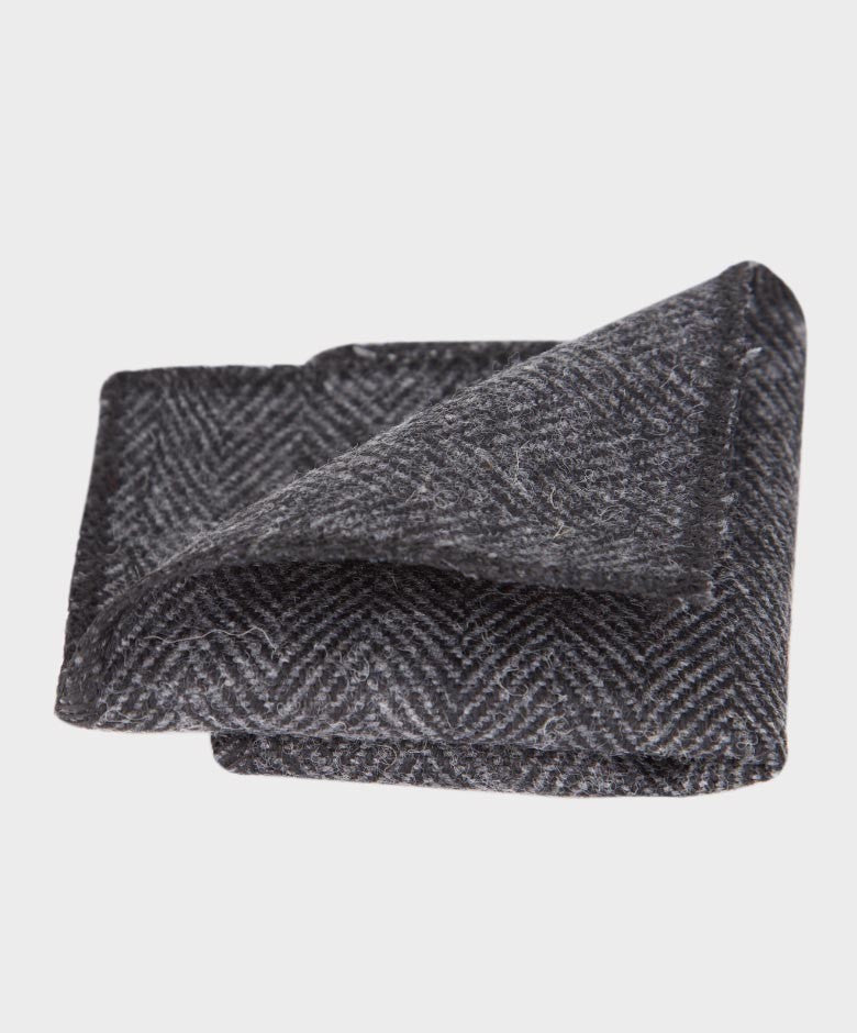 Boys Herringbone Tweed Bow Tie and Hanky Set - Charcoal Grey