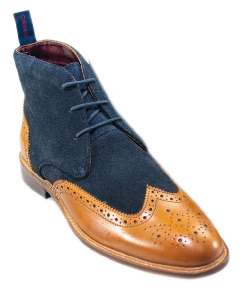 Men's Suede & Leather Brogue Boots - CONNICK - Navy Blue - Tan Brown