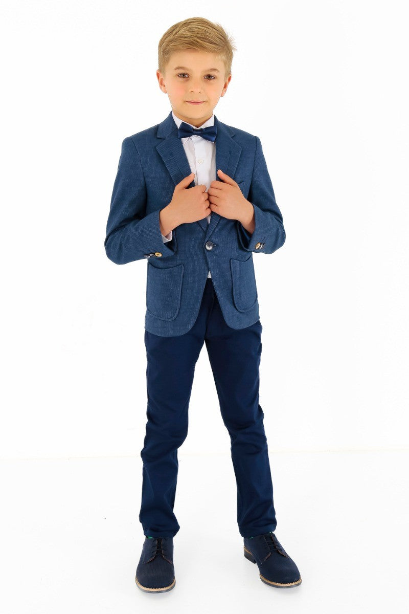 Boys Cotton Blend Slim Fit Formal Twill Blazer - Navy Blue