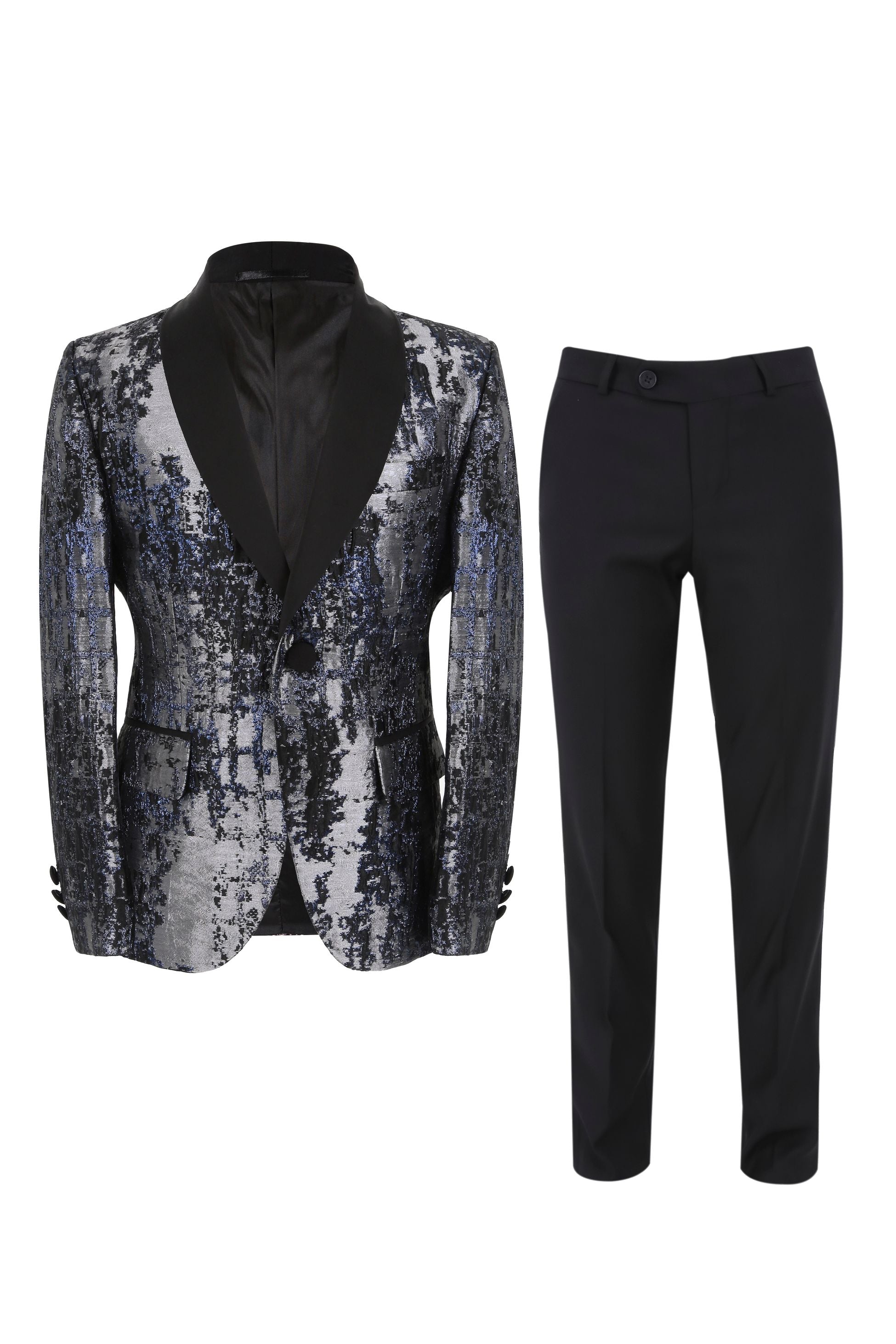 Boys Shimmery Patterned Tuxedo Suit - Black - Silver