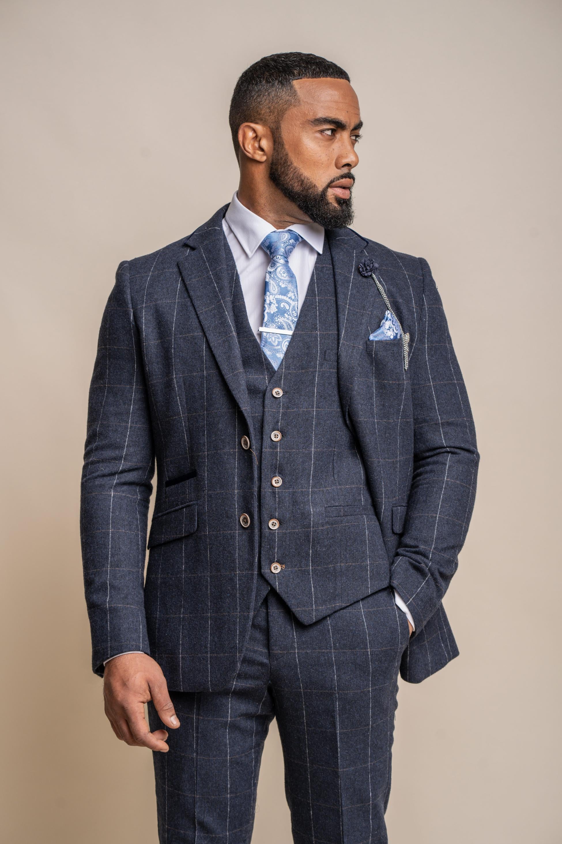 Men's Windowpane Check Wool Navy Blue Suit- ANGELS - Navy Blue