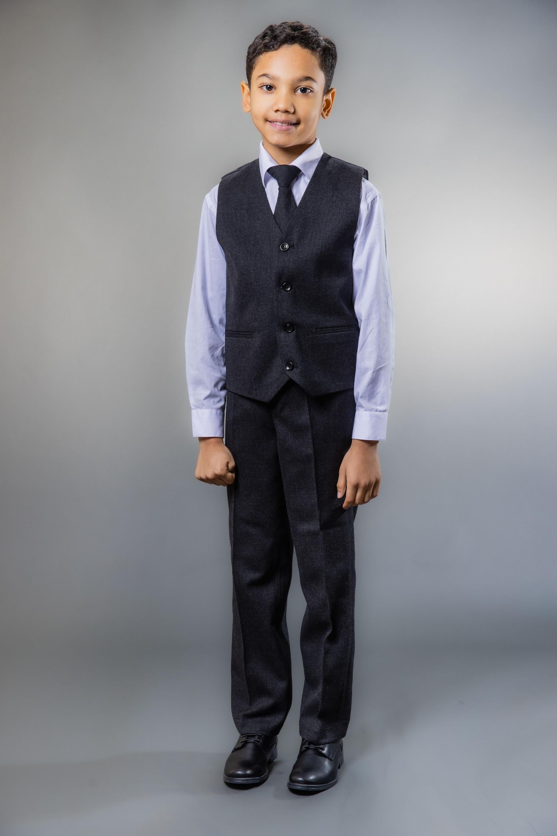 Boys Husky Tweed Tailored Fit Grey Suit - ADAM - Dark Grey