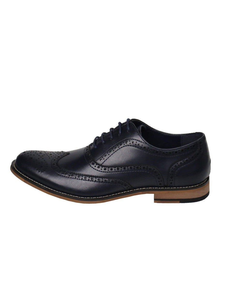 Men's Lace Up Leather Brogue Shoes - OXFORD - Navy Blue