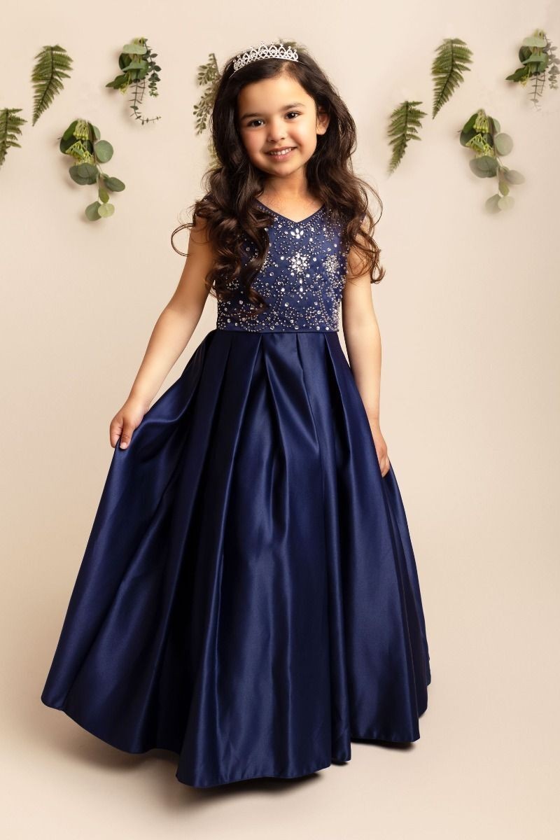 Girls Crystal Satin Navy Ball Gown Dress – EDEN - Navy