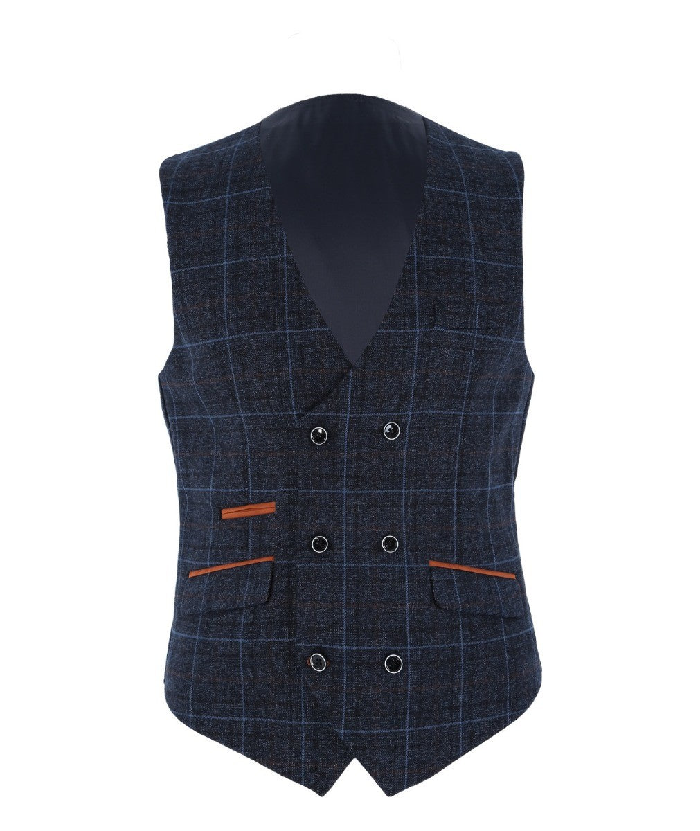 Men's Tailored Fit Retro Check Waistcoat - ANTHONY NAVY - Navy Blue