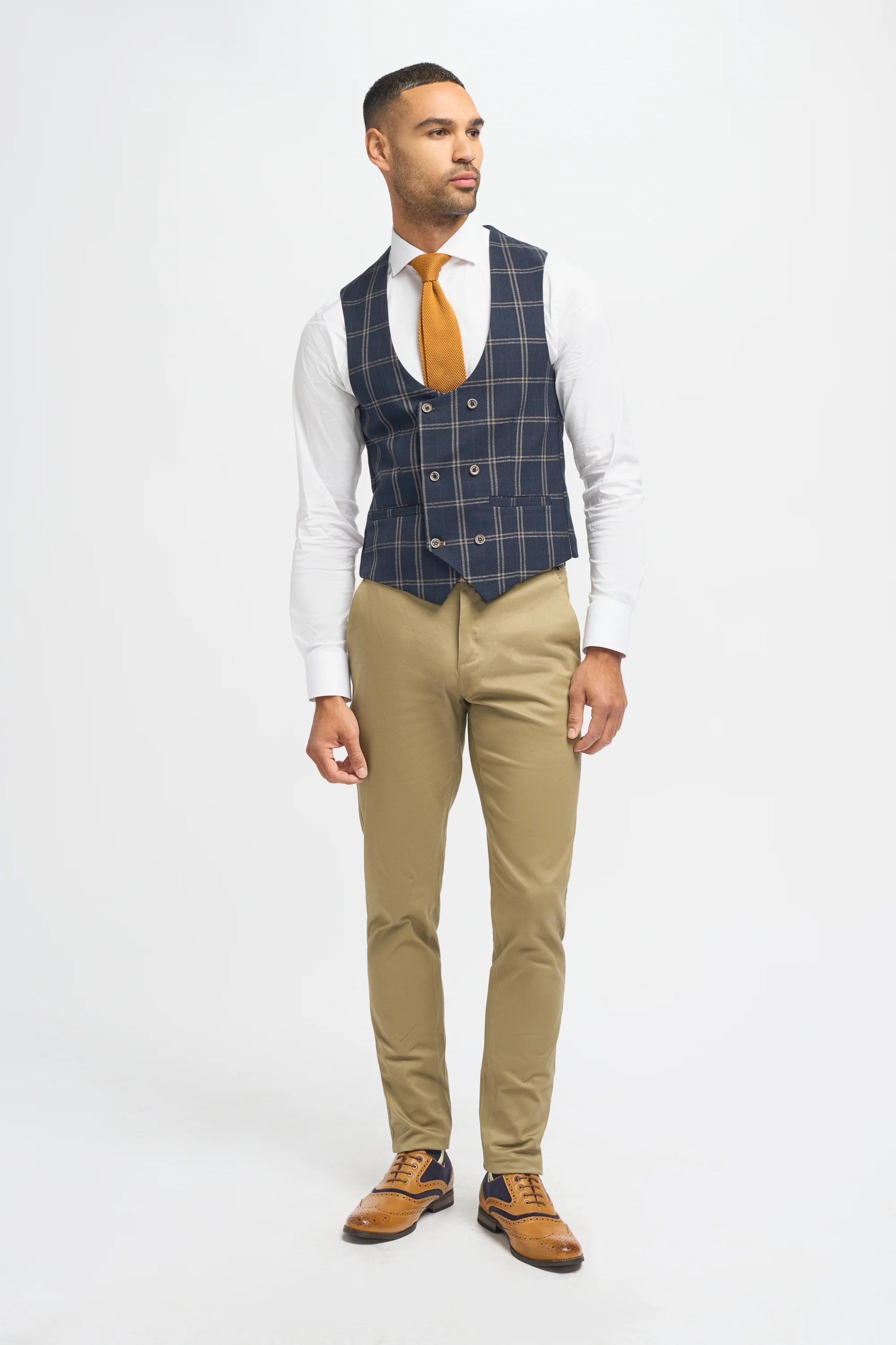 Men's Navy Blue Hardy Check Suit Jacket and Double-Breasted Waistcoat with Casual Stone Beige Cotton Chino Trousers - Navy Blue - Stone Beige