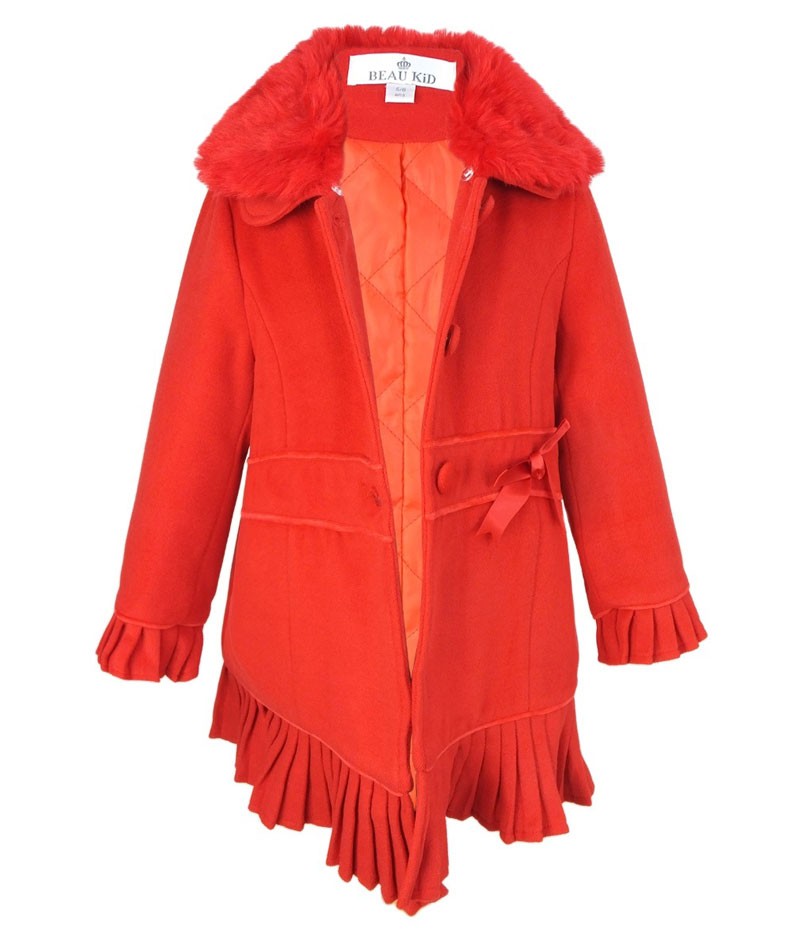 Girls Coat with Detachable Fur Collar and Hat Set - Red