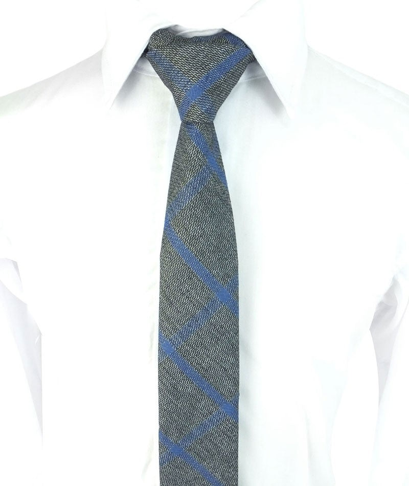 Boys Slim Check Tweed Tie and Hanky Set - Grey - Blue