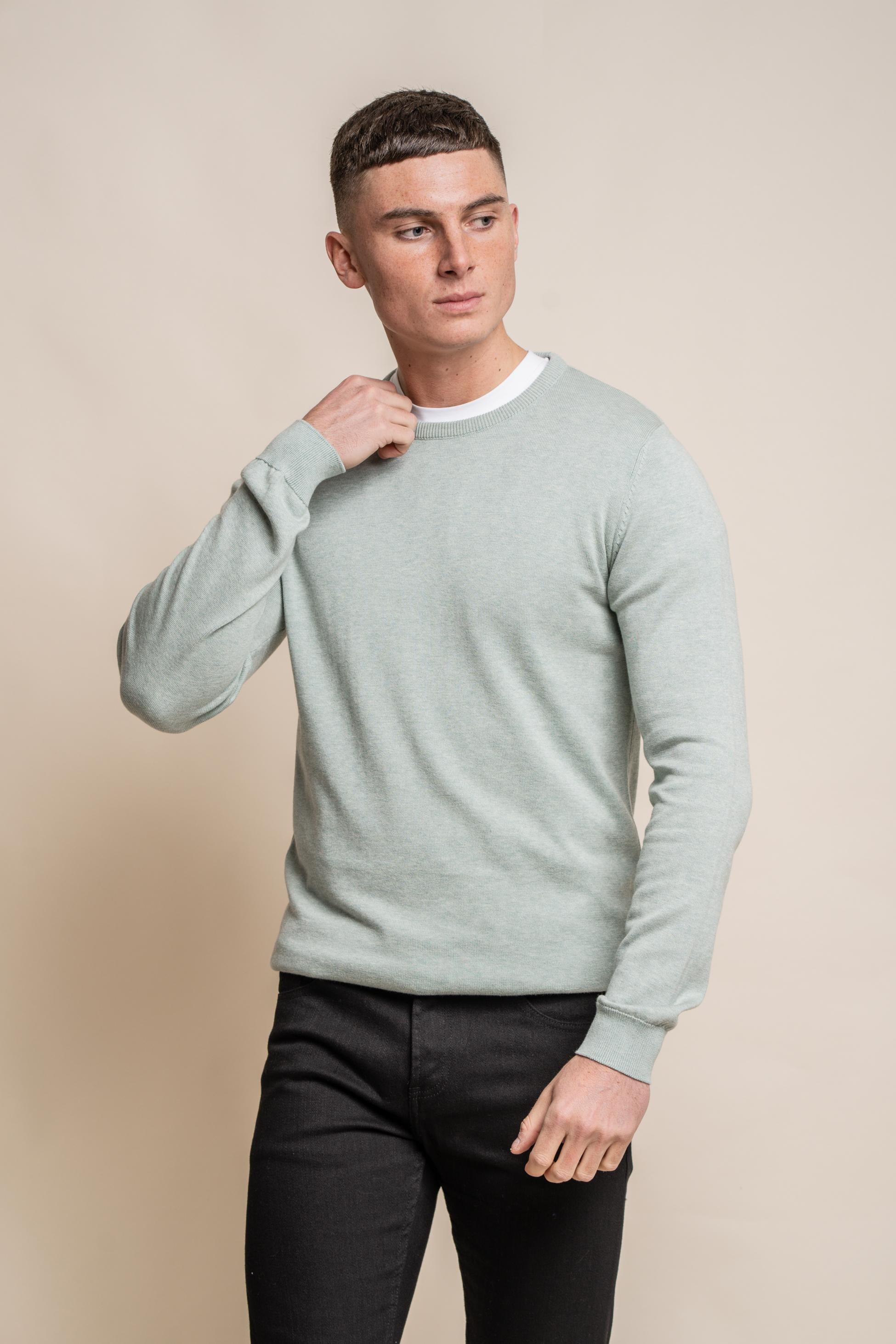 Men's Cotton Slim Fit Crewneck Jumper - Almond Green