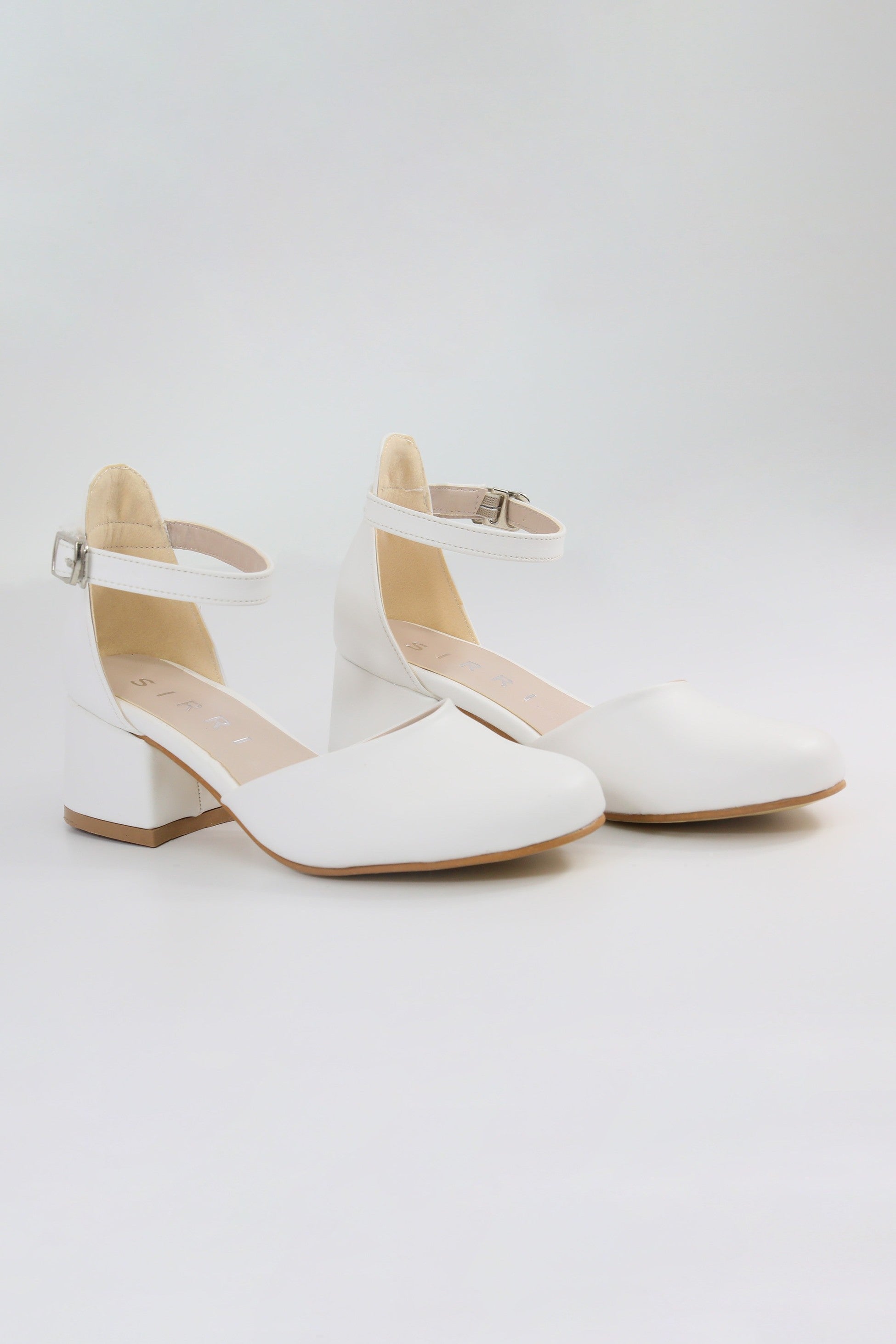 Girls' Ankle Strap White Block Heel Shoes – ELISE - White