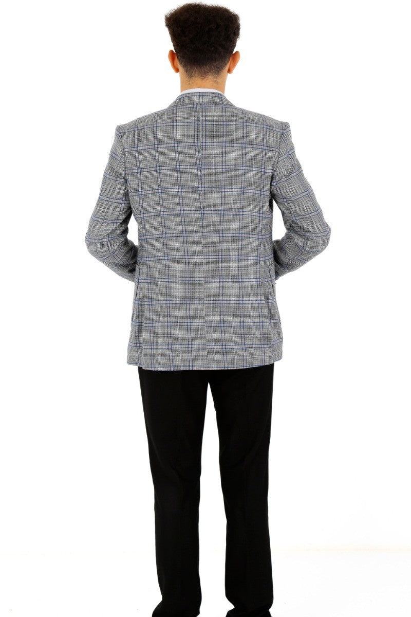 Boys Windowpane Check Slim Fit Suit - Blue - Black