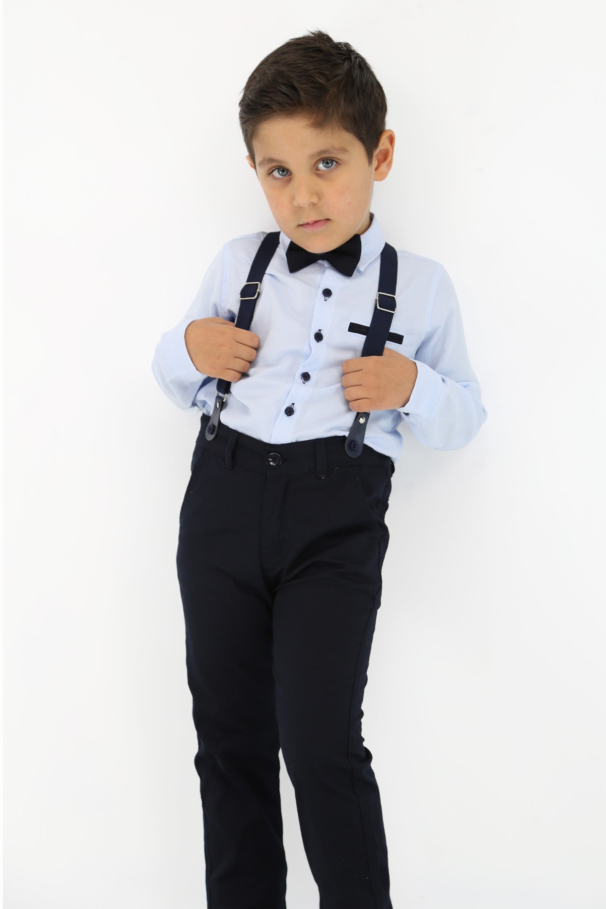 Baby & Boy Gentleman Outfit - 4 Piece Suspenders Pant Suit Set - OXFORD - Light Blue - Navy Blue