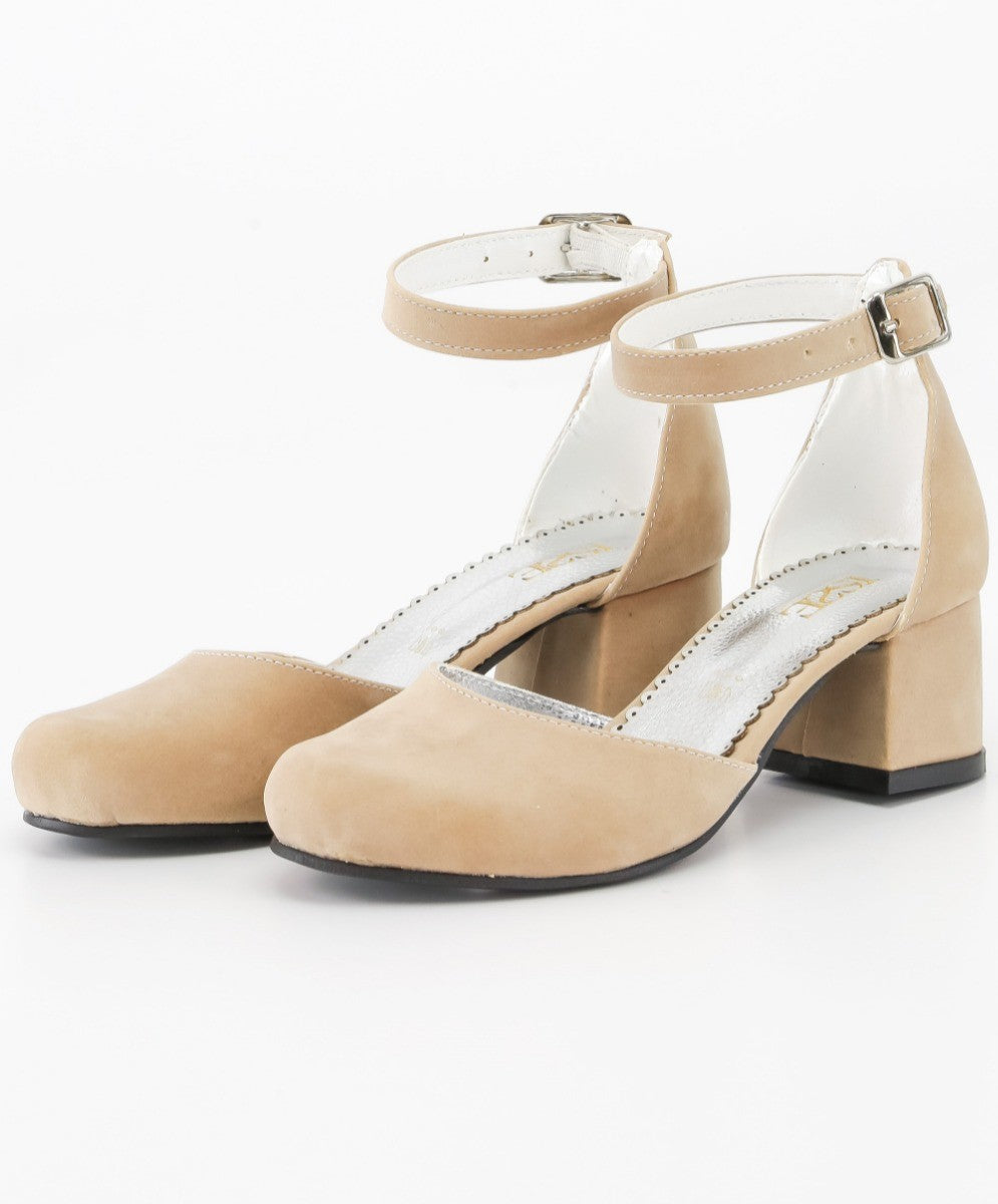 Girls Mary Jane Block Heel Shoes - Beige