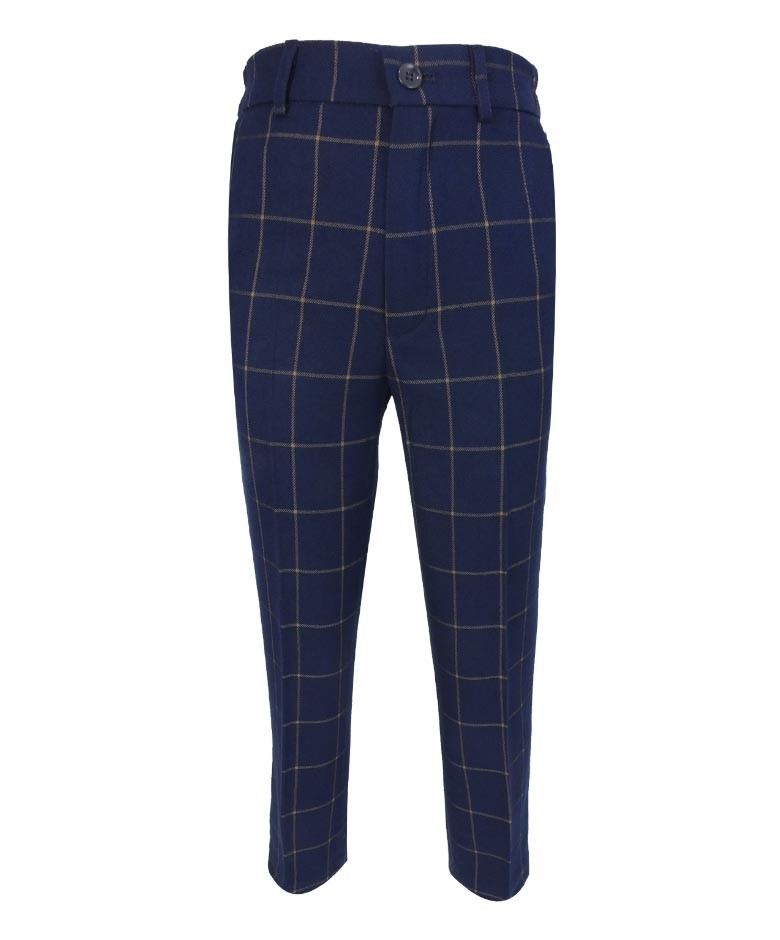 Boys Windowpane Check Suit Set - Navy Blue - Gold