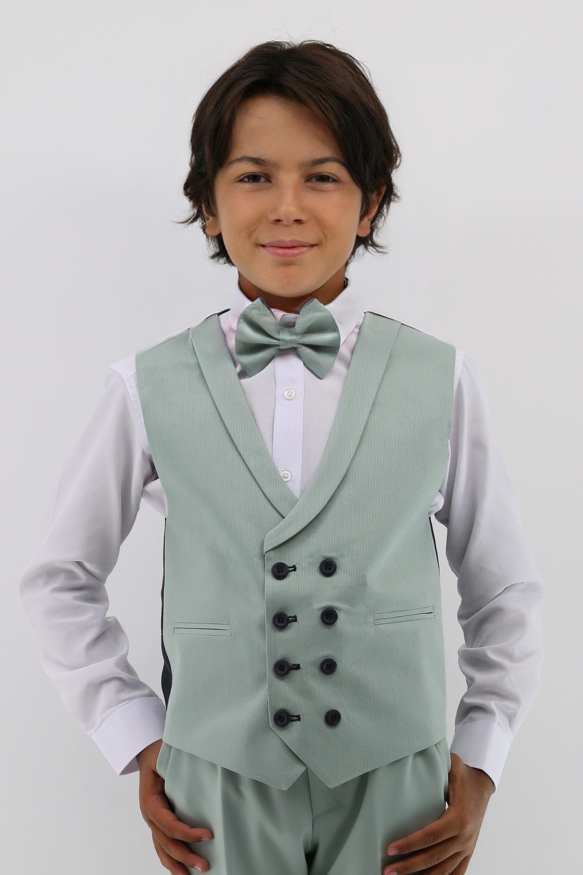 Boys Suit with Double Breasted Waistcoat 6 PC Set - Mint Green