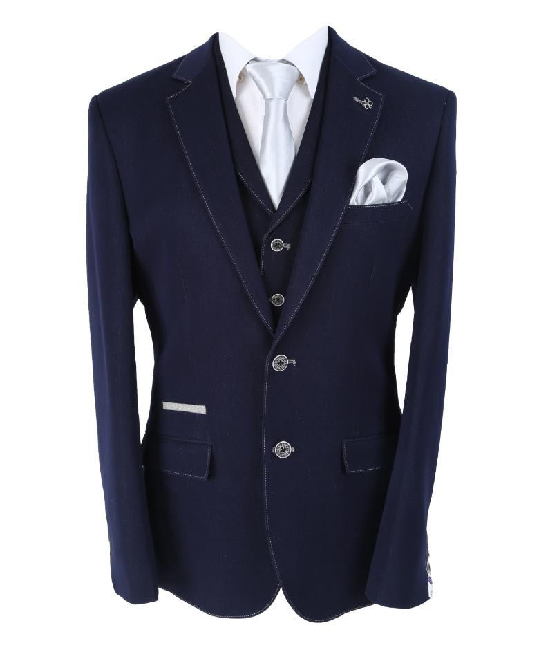 Men's Denim Look Slim Fit Navy Suit - FABIAN - Navy Blue