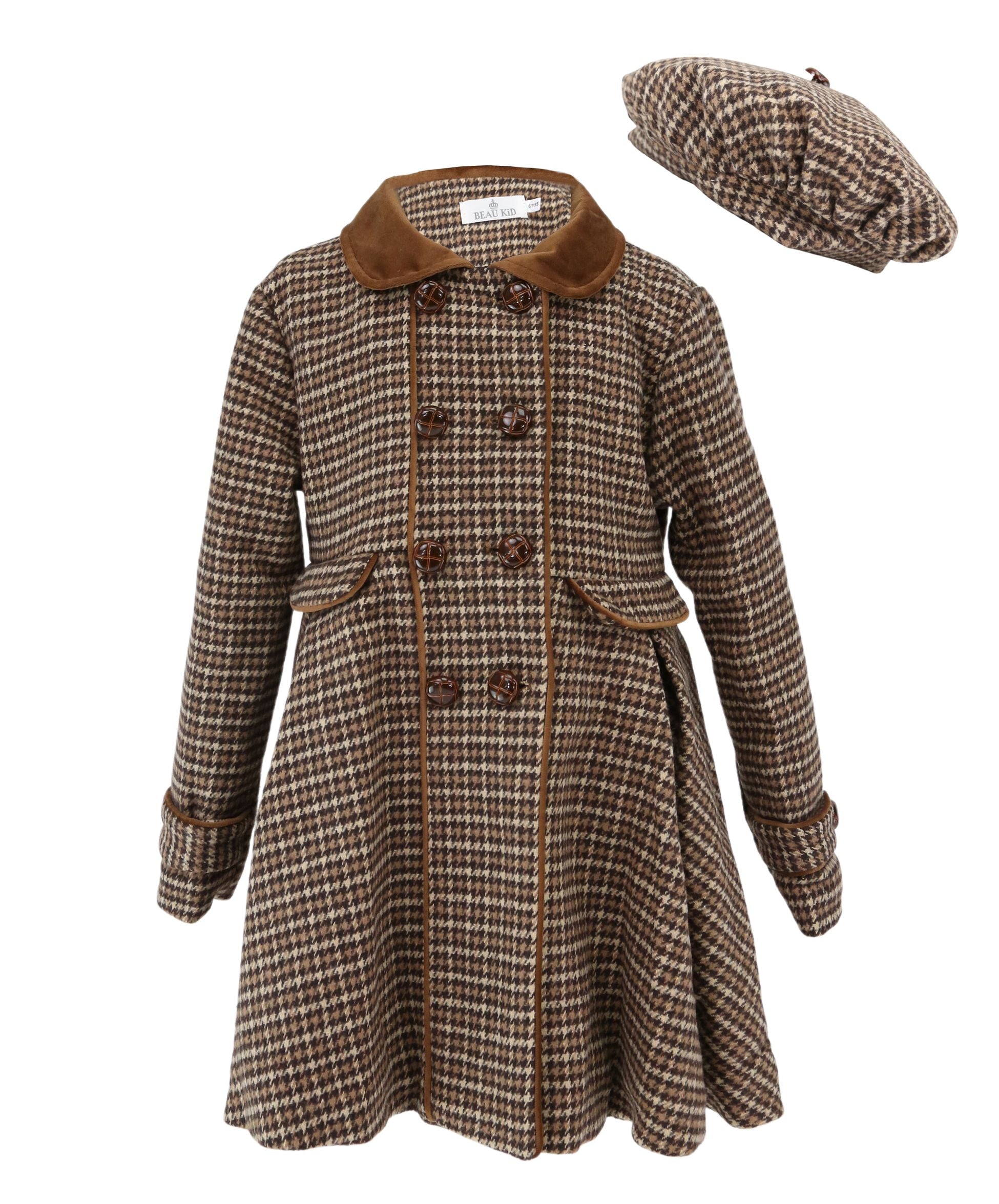 Girls Houndstooth Brown Coat & Beret Set - Brown