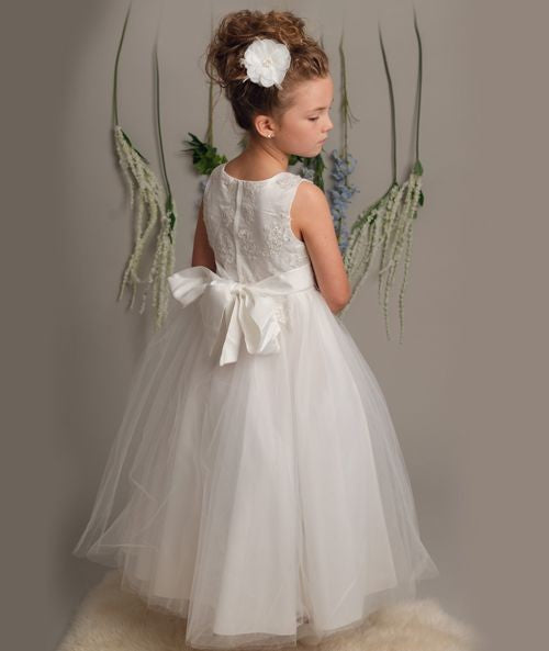 Girls Dress with Embroidery and Tulle Skirt - LYNN - Ivory