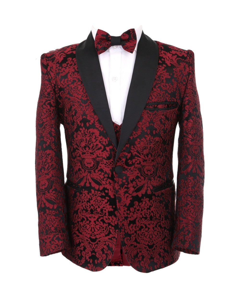 Boys Floral Embroidered Tuxedo Suit Set - Burgundy