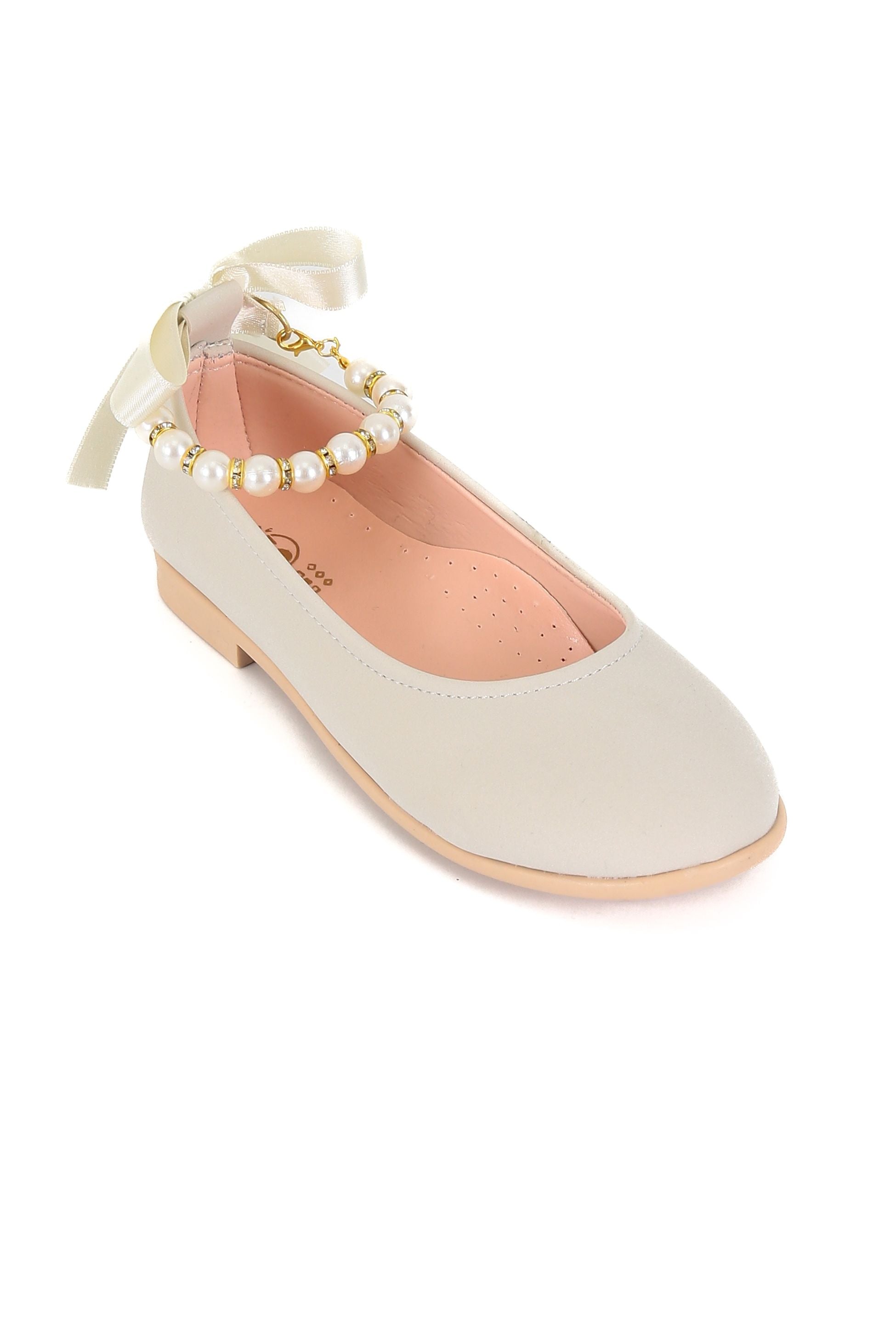 Girls Pearls Flat Mary Jane Shoes - ISABEL - Beige