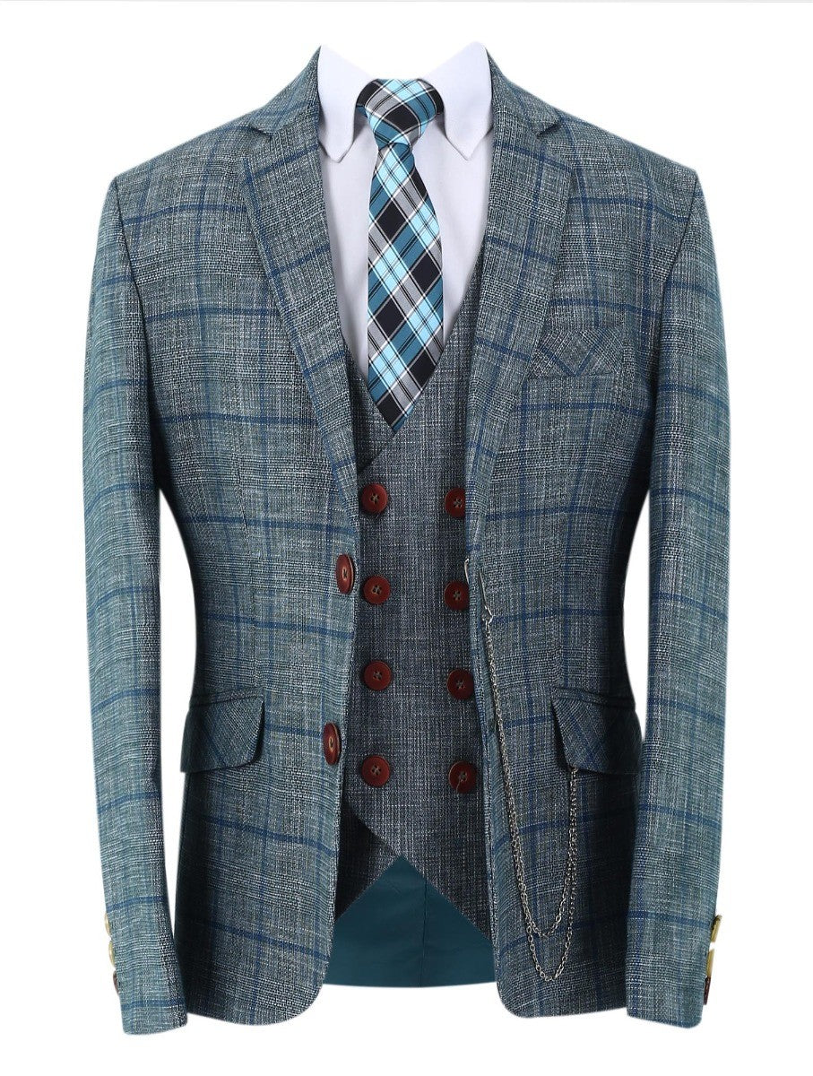 Boys Slim Fit Windowpane Check Suit - Dark Green