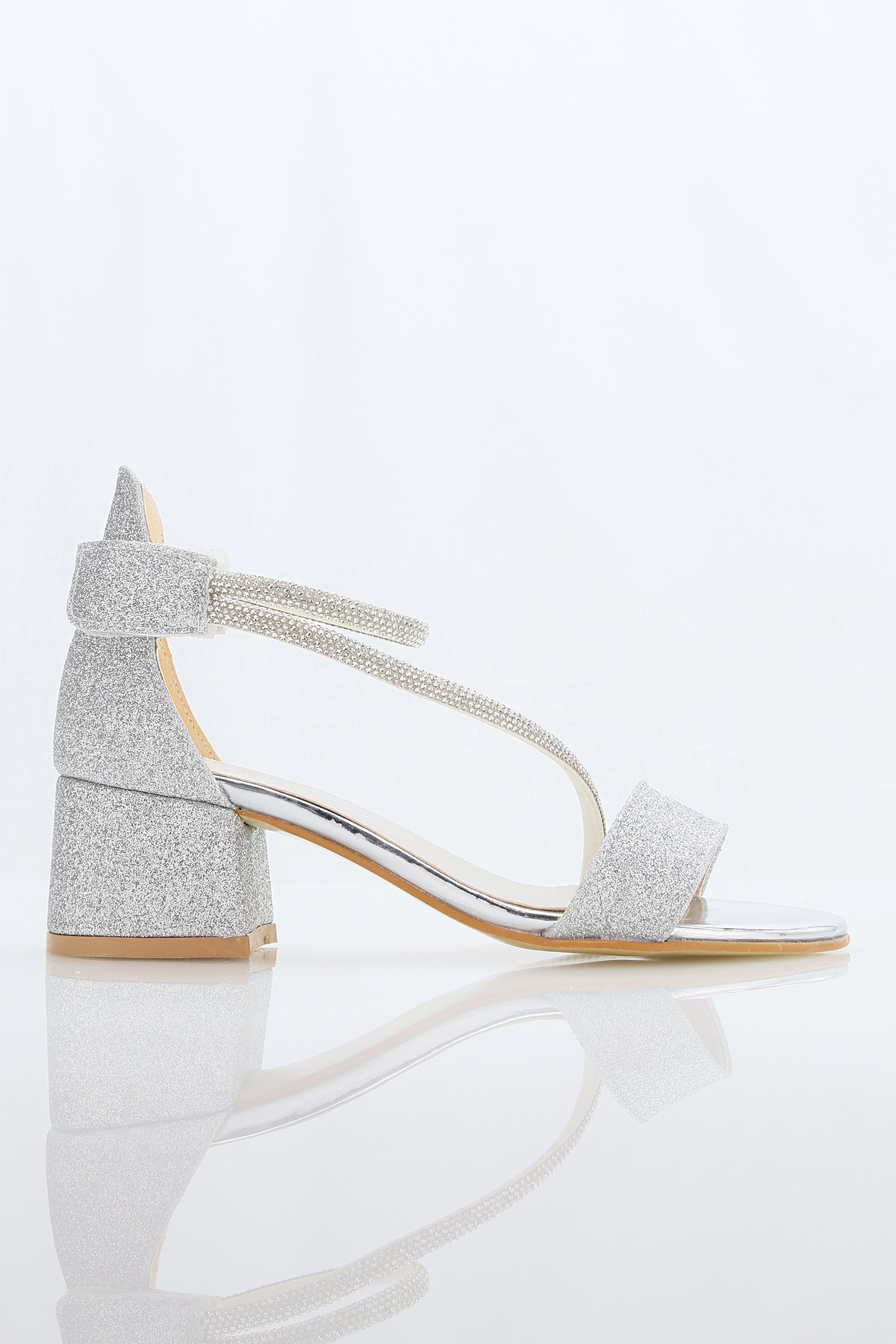 Girls Block Heel Sandals with Rhinestone Crossover Straps - DAZZLE - Silver