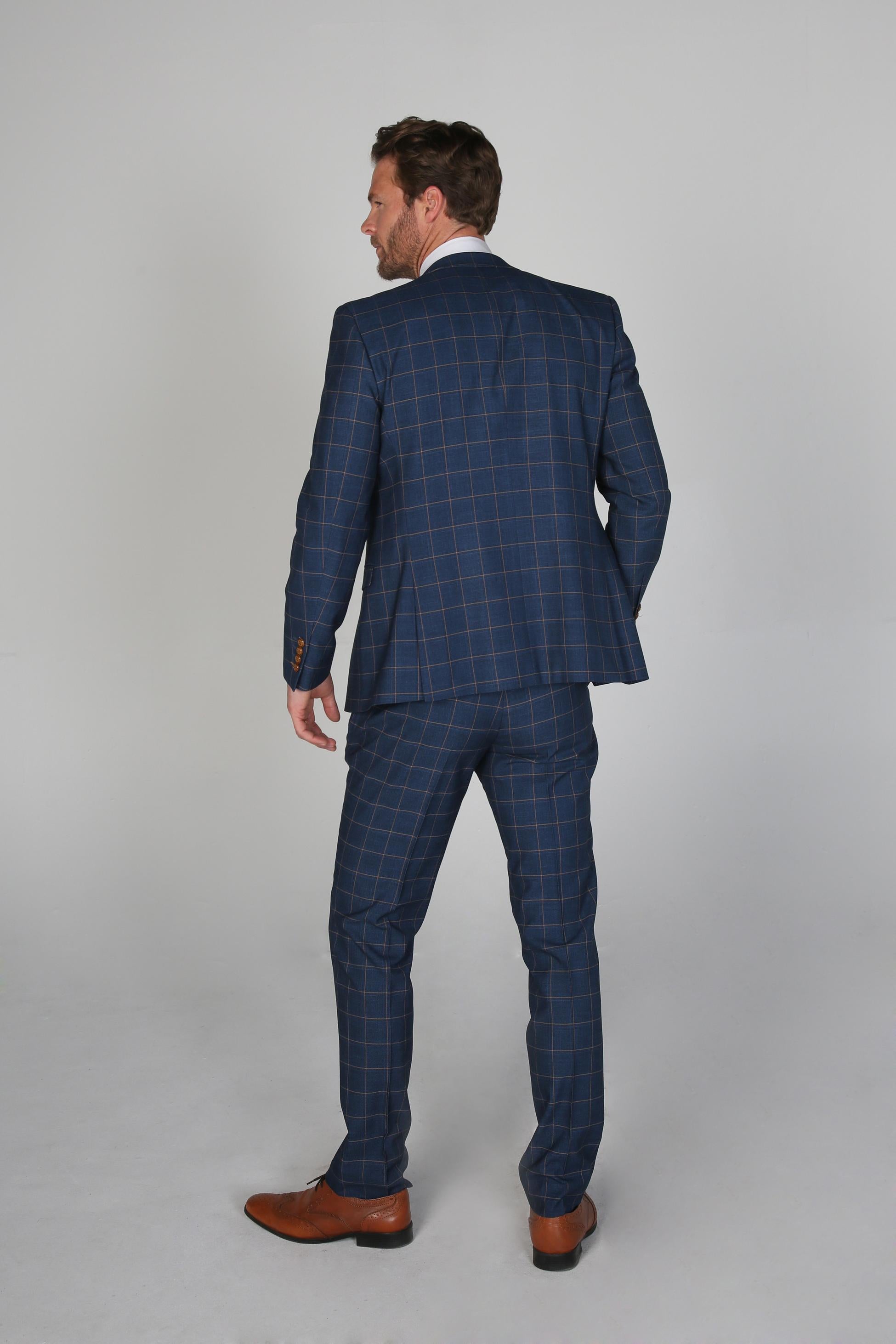 Men's Tailored Fit Windowpane Check Suit - HAMLEYS - Corrnflower Blue