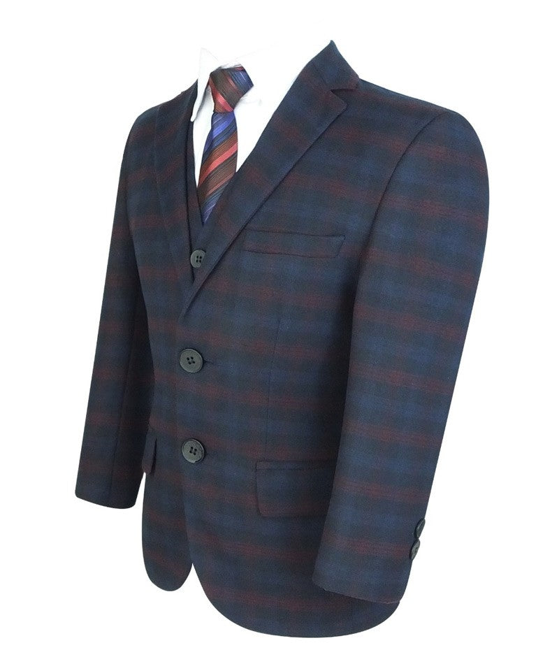 Boys Tailored Fit Retro Check Navy Suit - Navy Blue - Red