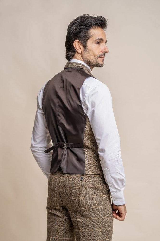 Men's Wool Blend Herringbone Check Waistcoat - Albert - Tan Brown